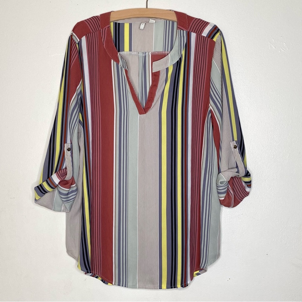 C Est. 1946 color block vertical stripes adjustable sleeve blouse